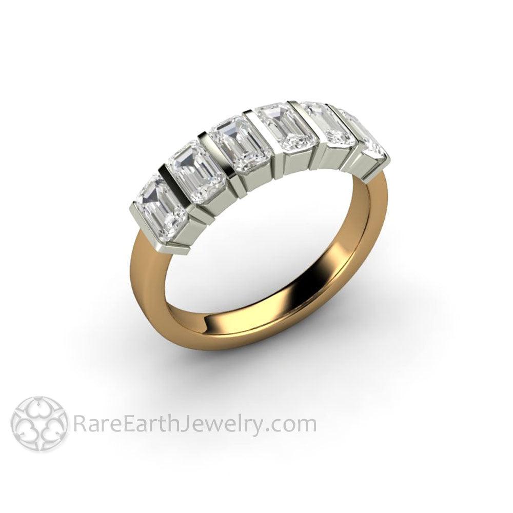 Bar Set Emerald Cut Moissanite Band or Wedding Ring Geometric Design, Rare Earth Jewelry