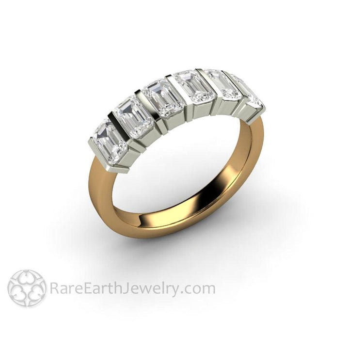 Bar Set Emerald Cut Moissanite Band or Wedding Ring Geometric Design, Rare Earth Jewelry
