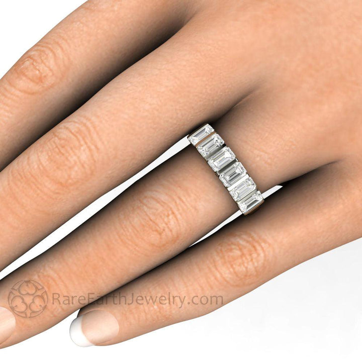 Bar Set Emerald Cut Moissanite Band or Wedding Ring Geometric Design, Rare Earth Jewelry