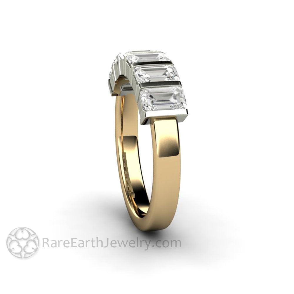 Bar Set Emerald Cut Moissanite Band or Wedding Ring Geometric Design, Rare Earth Jewelry
