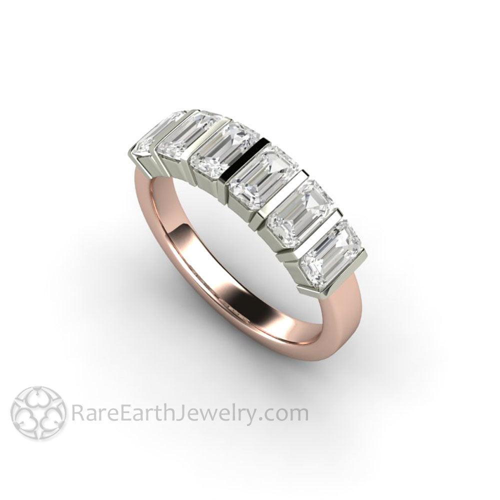 Bar Set Emerald Cut Moissanite Band or Wedding Ring Geometric Design, Rare Earth Jewelry