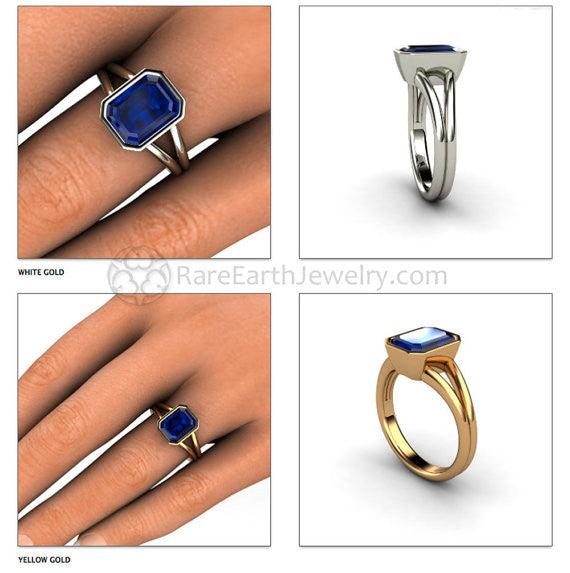 Bezel Set Blue Sapphire Ring Split Shank Solitaire Engagement, Rare Earth Jewelry