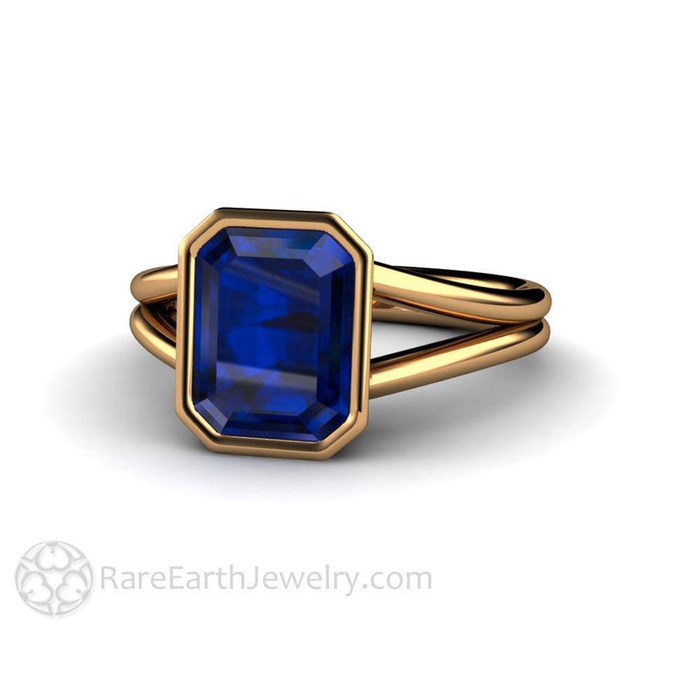 Bezel Set Blue Sapphire Ring Split Shank Solitaire Engagement, Rare Earth Jewelry