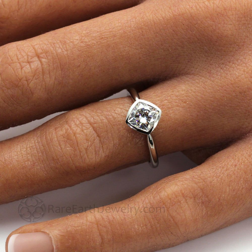 Bezel Set Cushion Cut Engagement Ring with Forever One Moissanite Simple Solitaire Minimalist Design, Rare Earth Jewelry