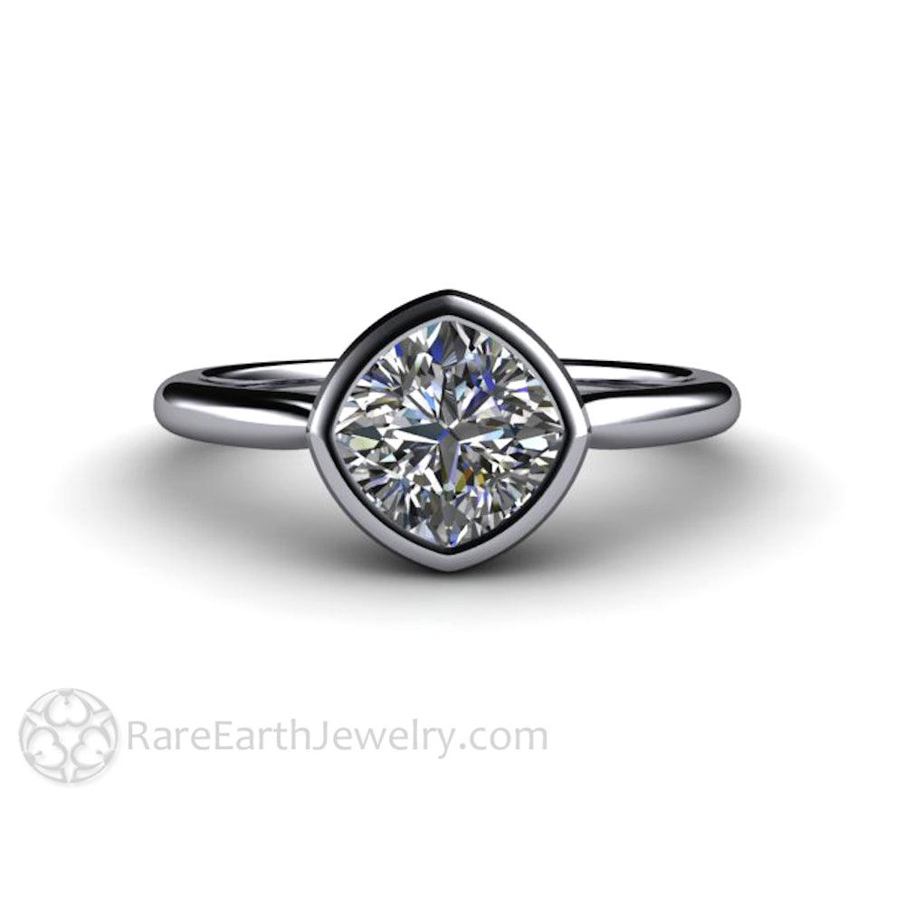 Bezel Set Cushion Cut Engagement Ring with Forever One Moissanite Simple Solitaire Minimalist Design, Rare Earth Jewelry