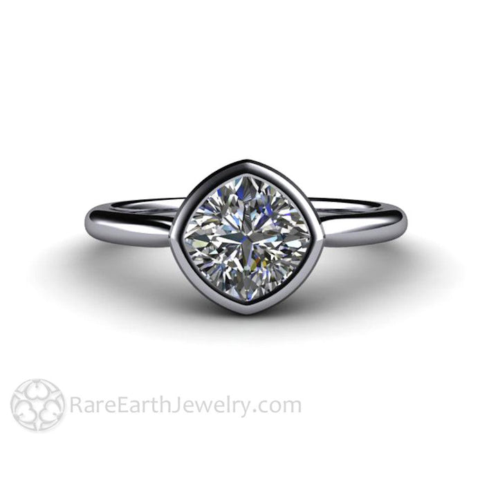 Bezel Set Cushion Cut Engagement Ring with Forever One Moissanite Simple Solitaire Minimalist Design, Rare Earth Jewelry