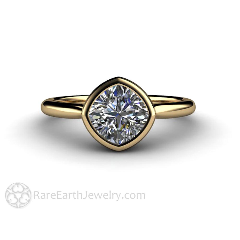 Bezel Set Cushion Cut Engagement Ring with Forever One Moissanite Simple Solitaire Minimalist Design, Rare Earth Jewelry