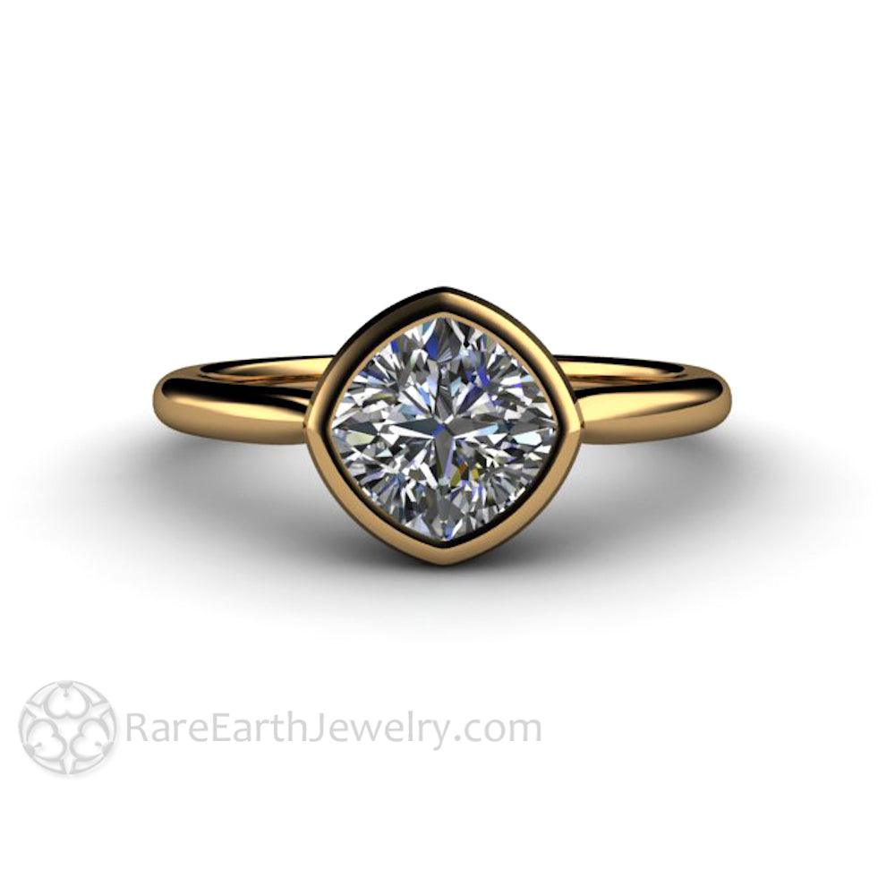 Bezel Set Cushion Cut Engagement Ring with Forever One Moissanite Simple Solitaire Minimalist Design, Rare Earth Jewelry