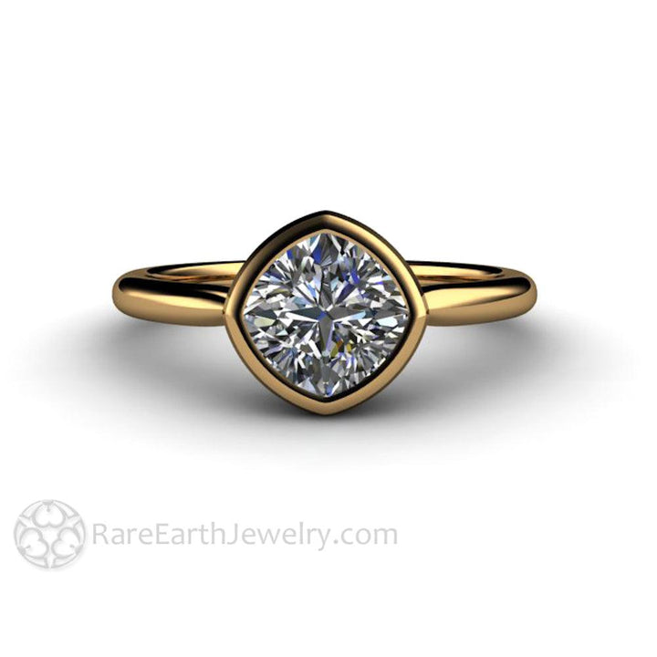 Bezel Set Cushion Cut Engagement Ring with Forever One Moissanite Simple Solitaire Minimalist Design, Rare Earth Jewelry