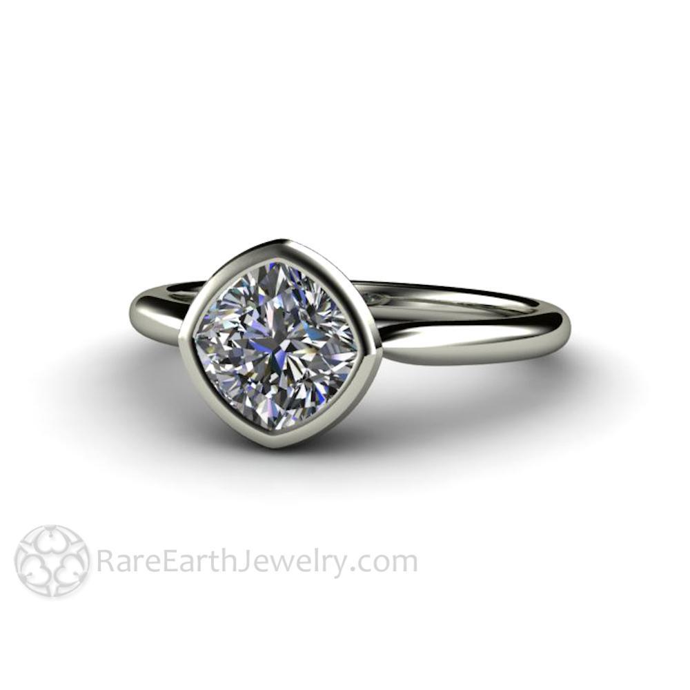 Bezel Set Cushion Cut Engagement Ring with Forever One Moissanite Simple Solitaire Minimalist Design, Rare Earth Jewelry