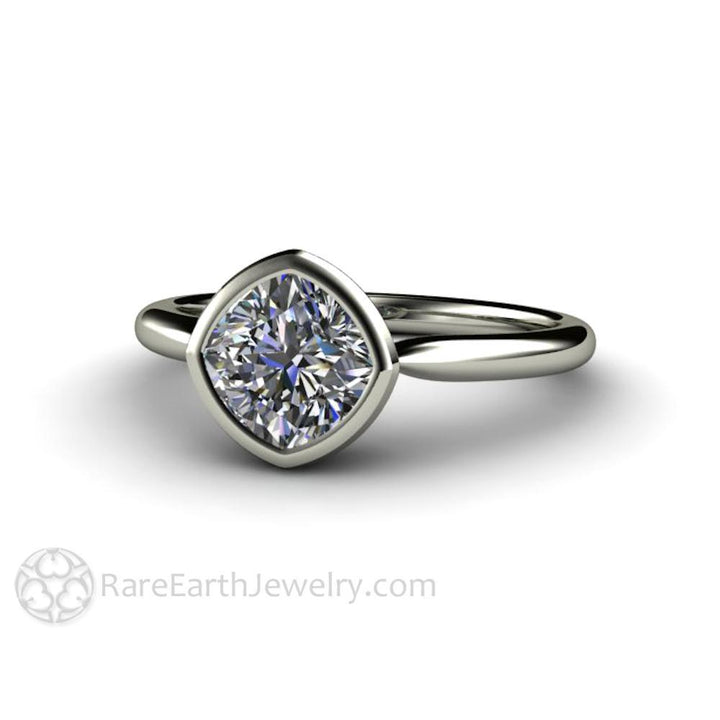 Bezel Set Cushion Cut Engagement Ring with Forever One Moissanite Simple Solitaire Minimalist Design, Rare Earth Jewelry