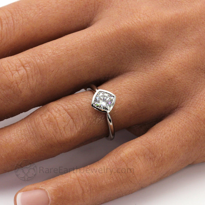 Bezel Set Cushion Cut Engagement Ring with Forever One Moissanite Simple Solitaire Minimalist Design, Rare Earth Jewelry