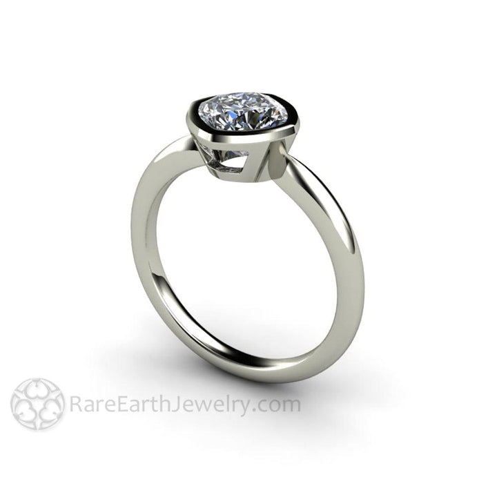 Bezel Set Cushion Cut Engagement Ring with Forever One Moissanite Simple Solitaire Minimalist Design, Rare Earth Jewelry