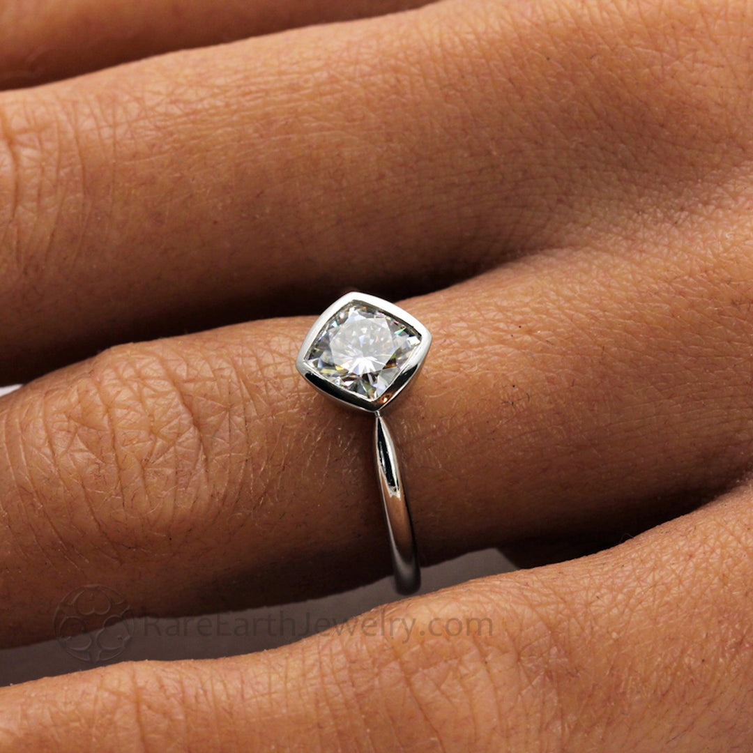 Bezel Set Cushion Cut Engagement Ring with Forever One Moissanite Simple Solitaire Minimalist Design, Rare Earth Jewelry