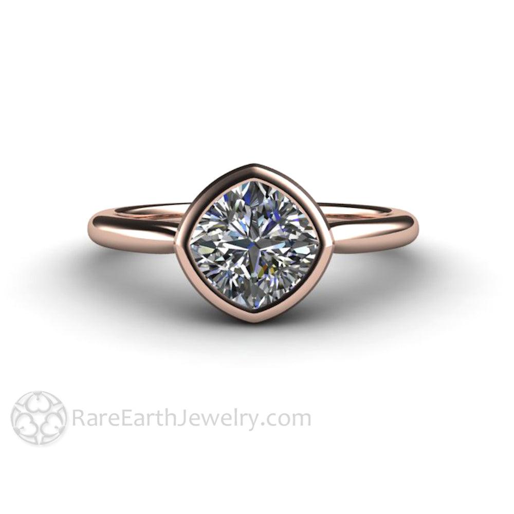 Bezel Set Cushion Cut Engagement Ring with Forever One Moissanite Simple Solitaire Minimalist Design, Rare Earth Jewelry