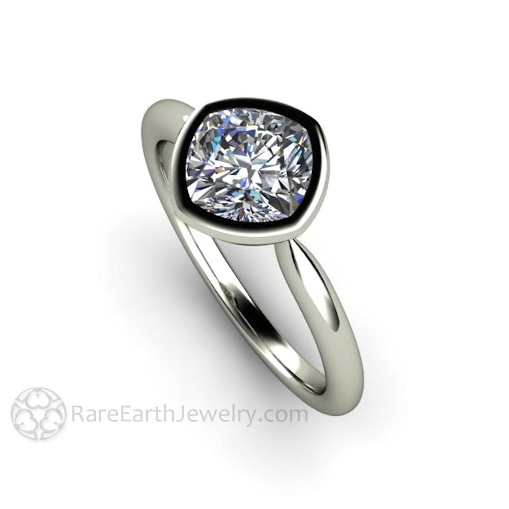 Bezel Set Cushion Cut Engagement Ring with Forever One Moissanite Simple Solitaire Minimalist Design, Rare Earth Jewelry