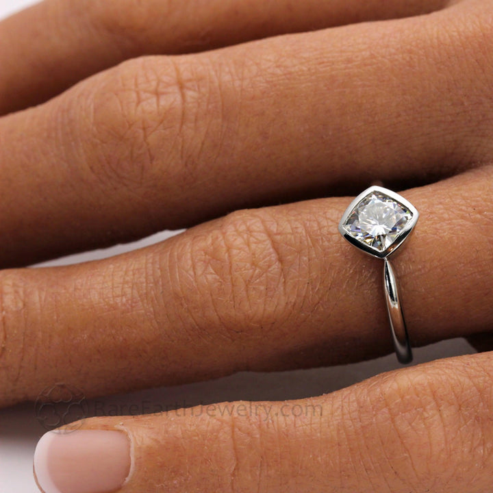 Bezel Set Cushion Cut Engagement Ring with Forever One Moissanite Simple Solitaire Minimalist Design, Rare Earth Jewelry