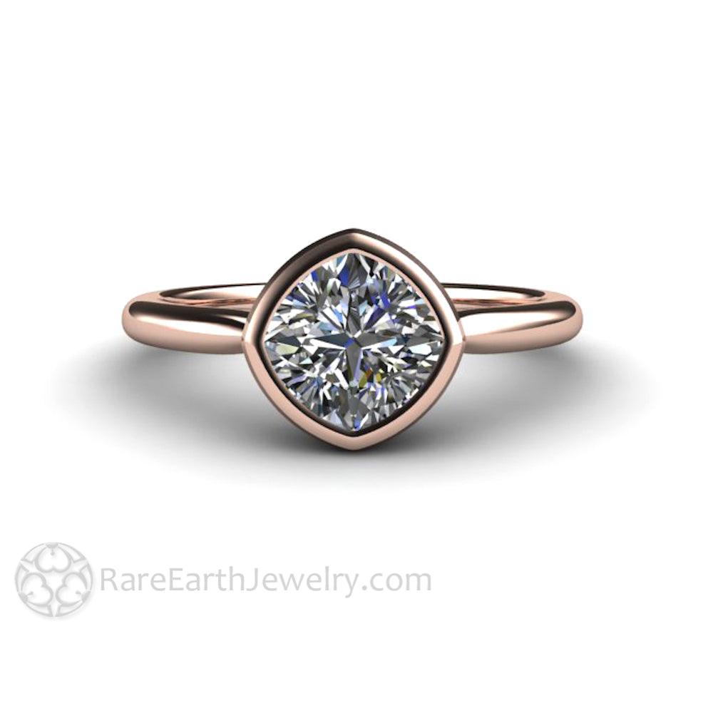 Bezel Set Cushion Cut Engagement Ring with Forever One Moissanite Simple Solitaire Minimalist Design, Rare Earth Jewelry