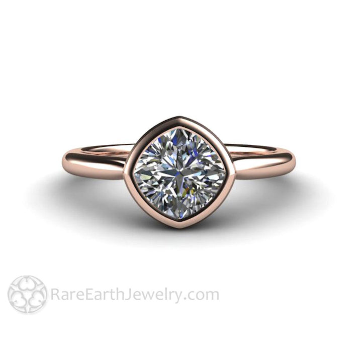 Bezel Set Cushion Cut Engagement Ring with Forever One Moissanite Simple Solitaire Minimalist Design, Rare Earth Jewelry