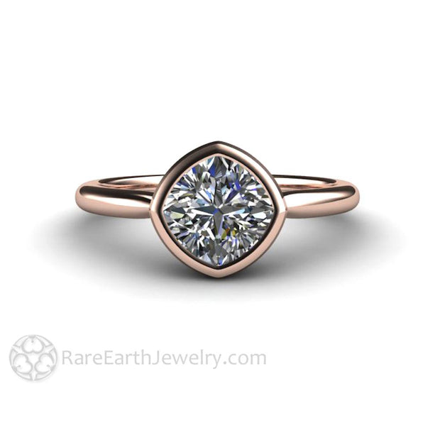 Bezel Set Cushion Cut Engagement Ring with Forever One Moissanite Simple Solitaire 18K Rose Gold - Rare Earth Jewelry