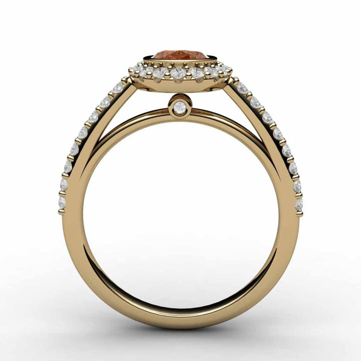 Bezel Set Orange Sapphire Engagement Ring, Pave Diamond Cathedral Setting with Hidden Diamonds | Rare Earth Jewelry