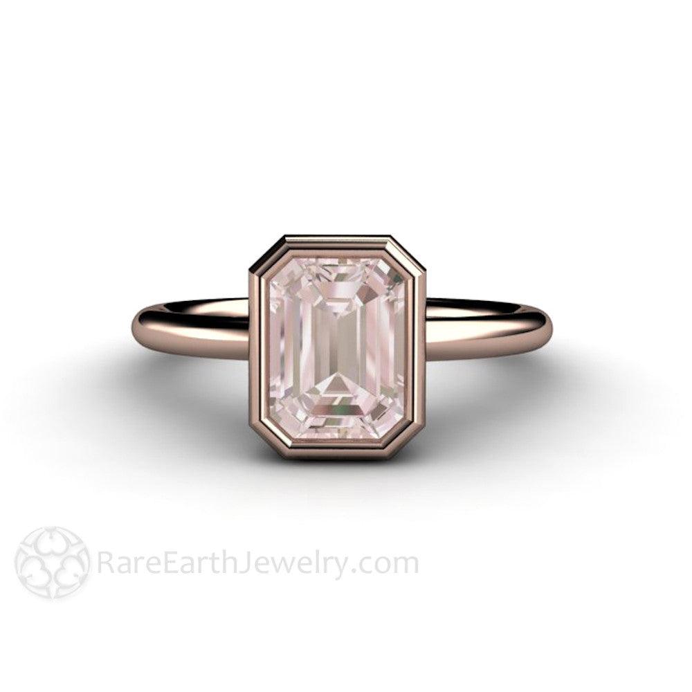 Bezel Set Morganite Ring Emerald Cut Solitaire Engagement Ring, Rare Earth Jewelry
