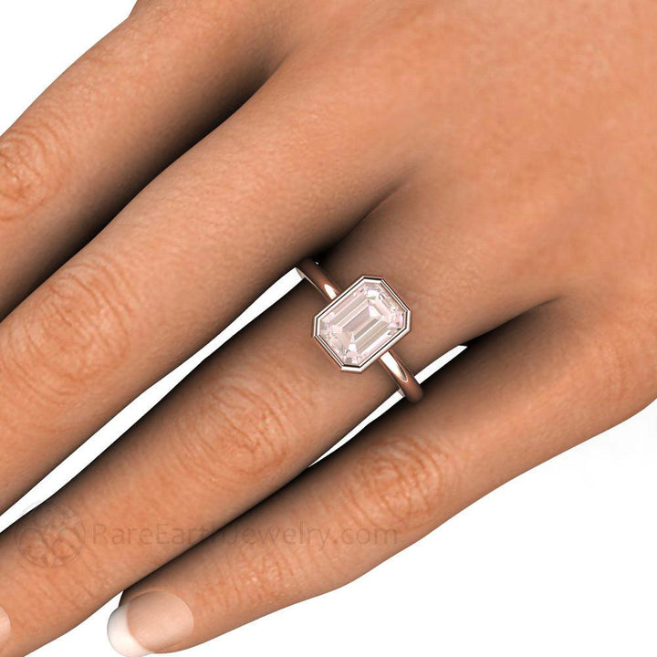 Bezel Set Morganite Ring Emerald Cut Solitaire Engagement Ring, Rare Earth Jewelry