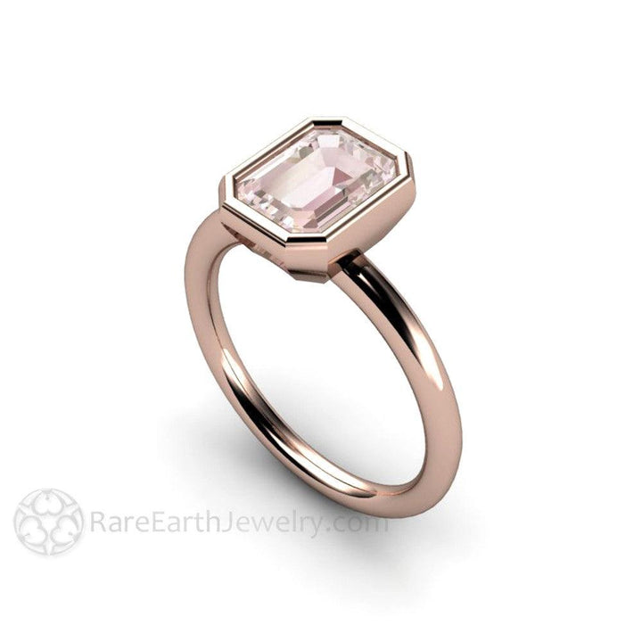 Bezel Set Morganite Ring Emerald Cut Solitaire Engagement Ring, Rare Earth Jewelry