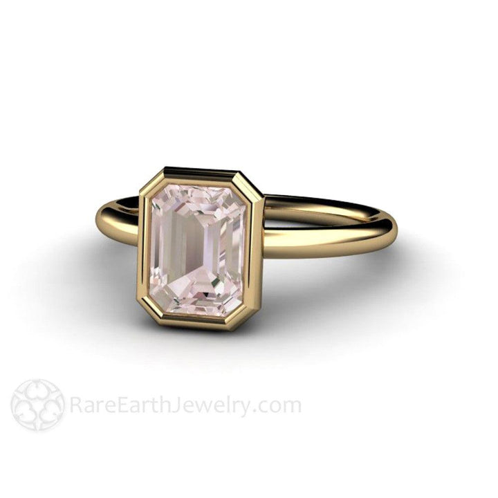 Bezel Set Morganite Ring Emerald Cut Solitaire Engagement Ring, Rare Earth Jewelry