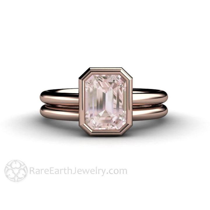 Bezel Set Morganite Ring Emerald Cut Solitaire Engagement Ring, Rare Earth Jewelry