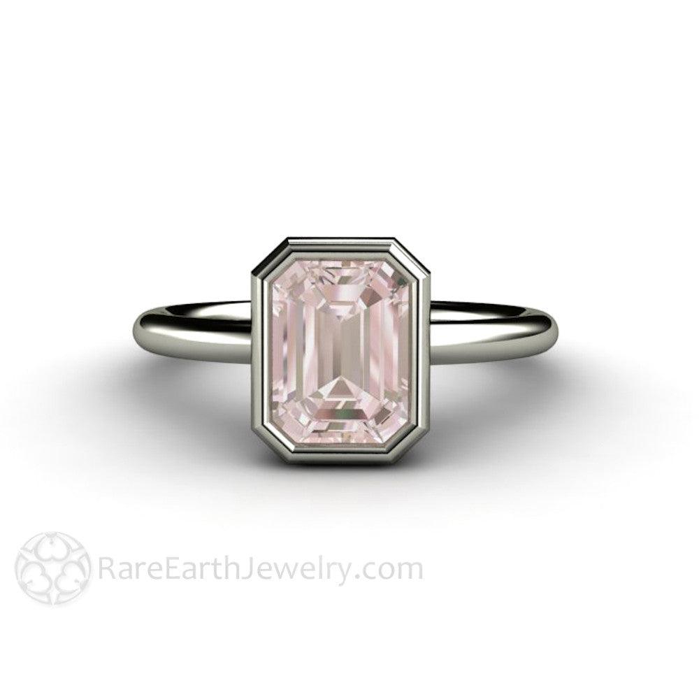 Bezel Set Morganite Ring Emerald Cut Solitaire Engagement Ring, Rare Earth Jewelry