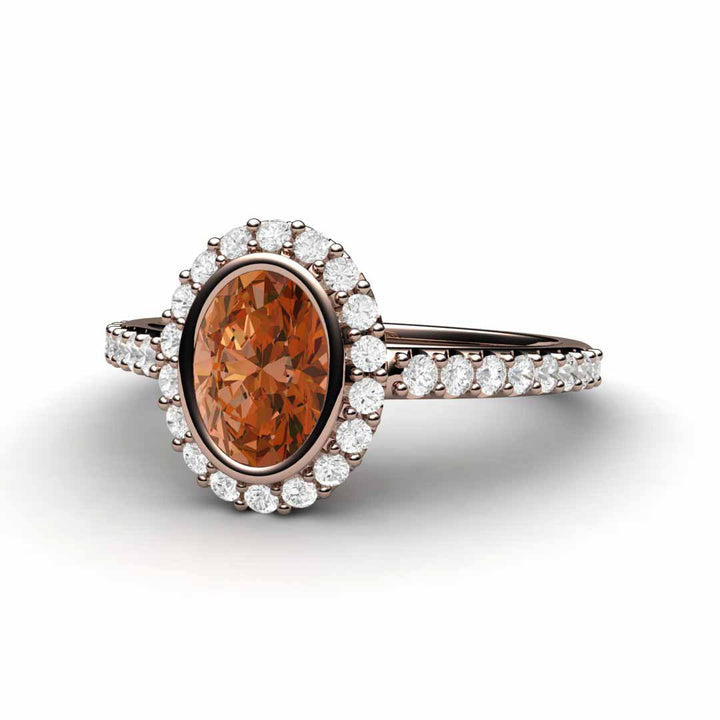 Oval Orange Sapphire Engagement Ring Bezel Set Pave Diamond Halo, Rare Earth Jewelry