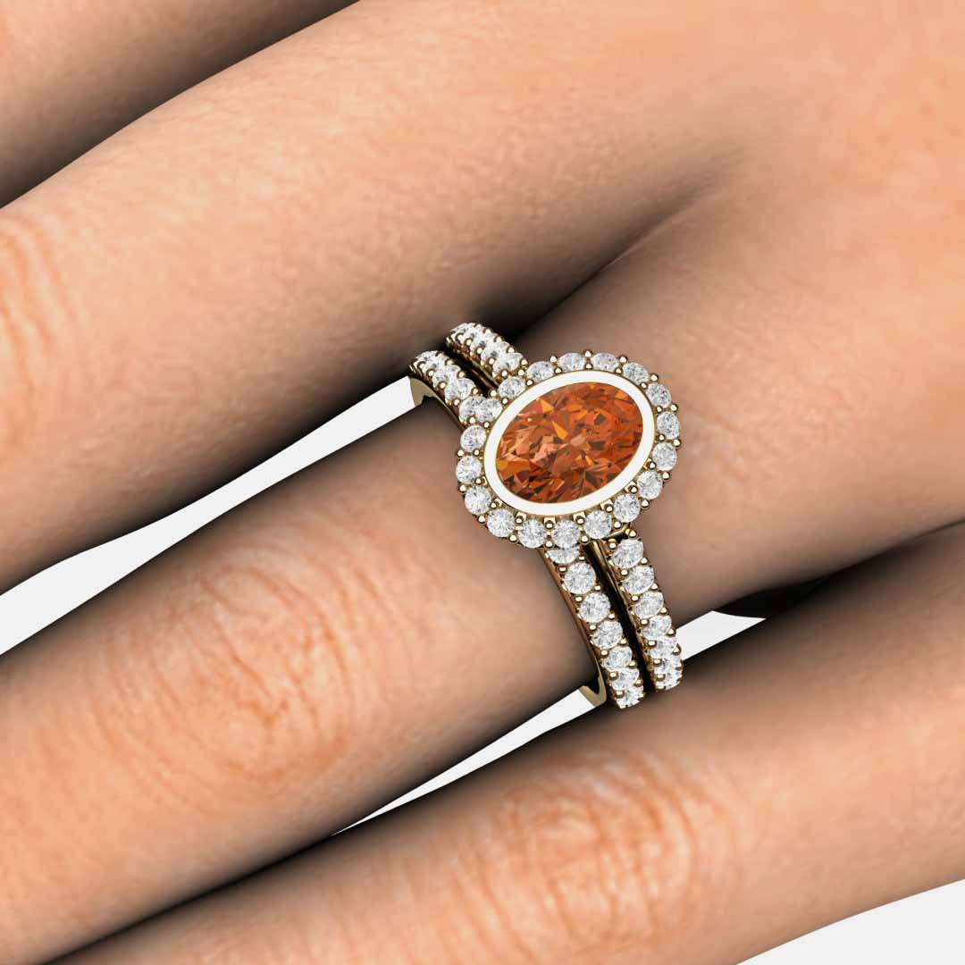 Oval Orange Sapphire Engagement Ring Bezel Set Pave Diamond Halo, Rare Earth Jewelry
