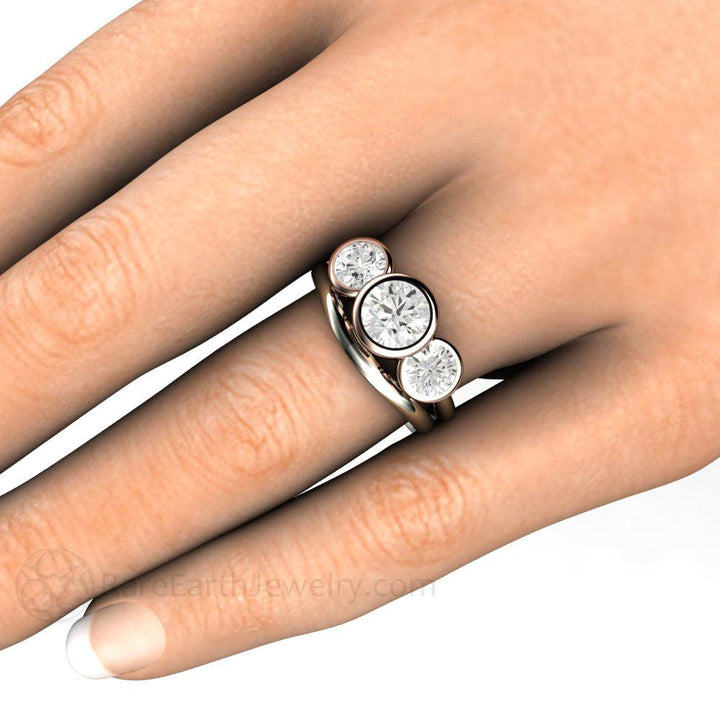 Bezel Set Three Stone Engagement Ring with Forever One Moissanite, Rare Earth Jewelry