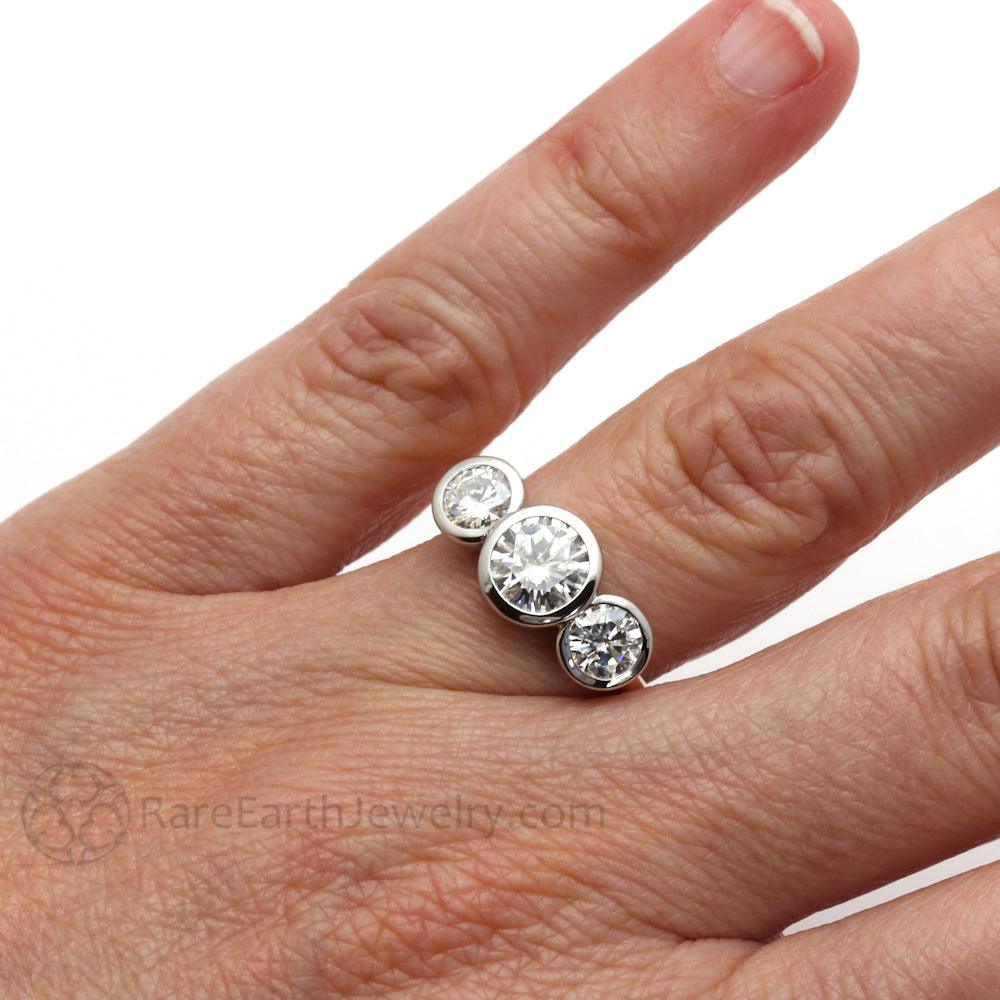 Bezel Set Three Stone Engagement Ring with Forever One Moissanite, Rare Earth Jewelry