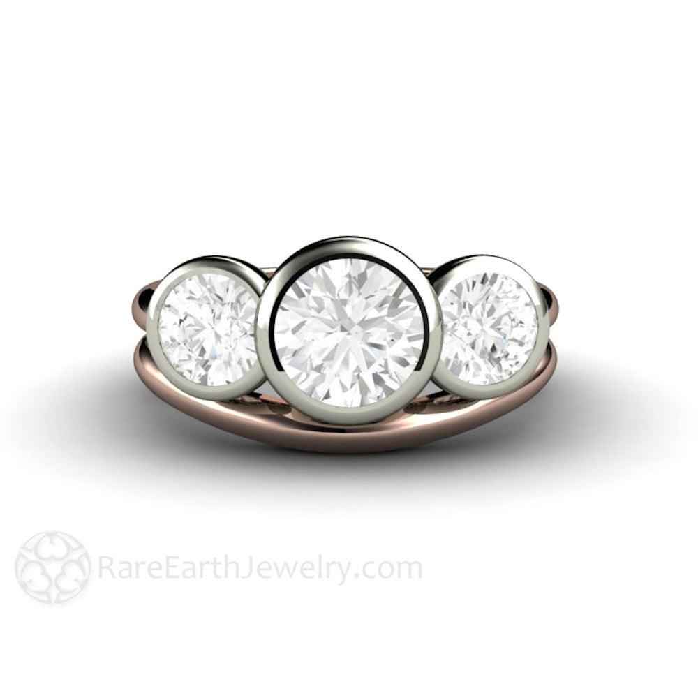 Bezel Set Three Stone Engagement Ring with Forever One Moissanite, Rare Earth Jewelry