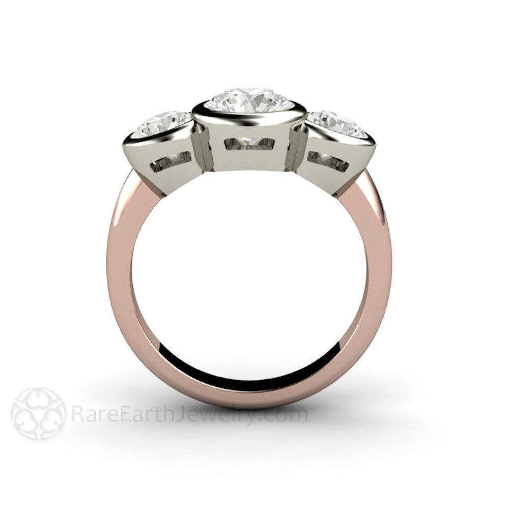 Bezel Set Three Stone Engagement Ring with Forever One Moissanite, Rare Earth Jewelry