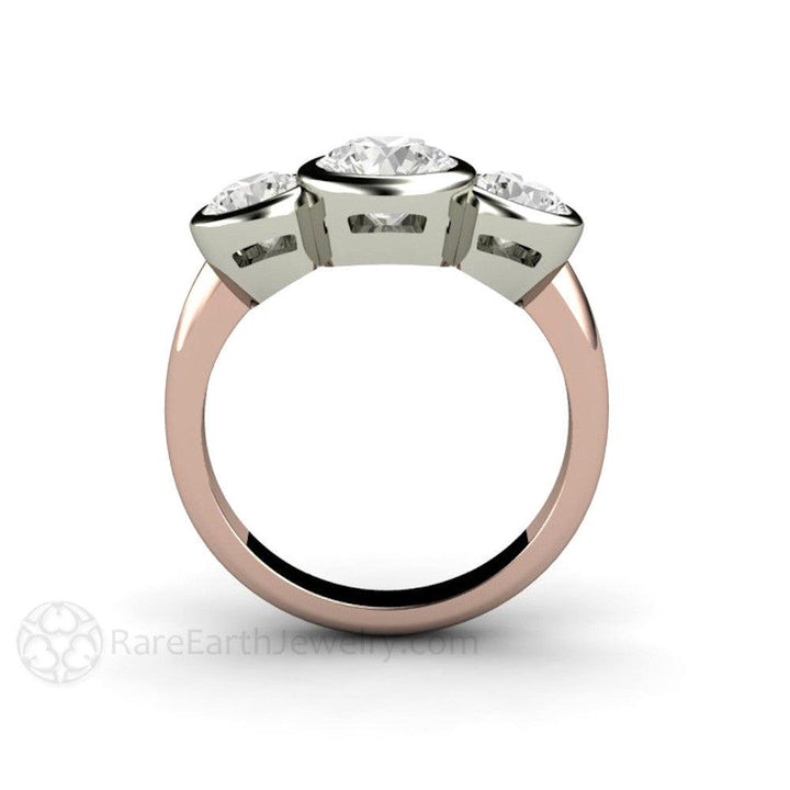 Bezel Set Three Stone Engagement Ring with Forever One Moissanite, Rare Earth Jewelry