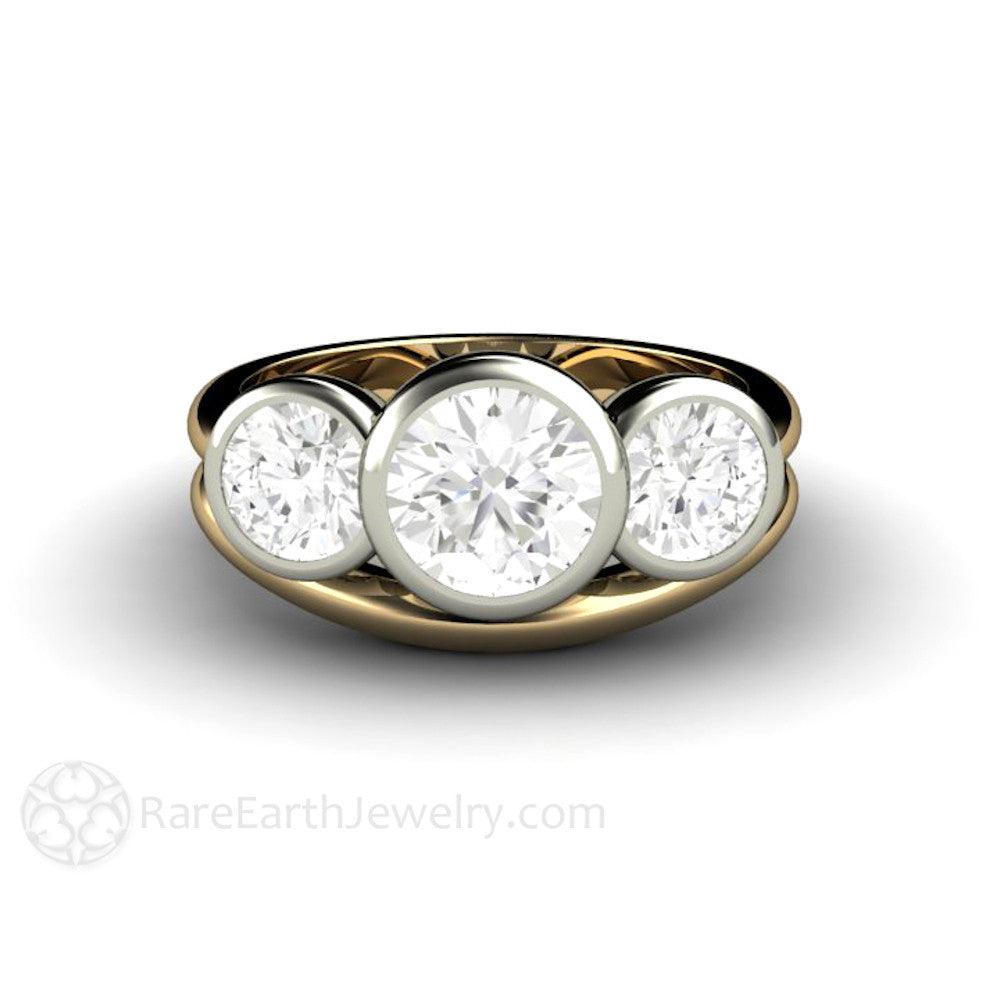 Bezel Set Three Stone Engagement Ring with Forever One Moissanite, Rare Earth Jewelry