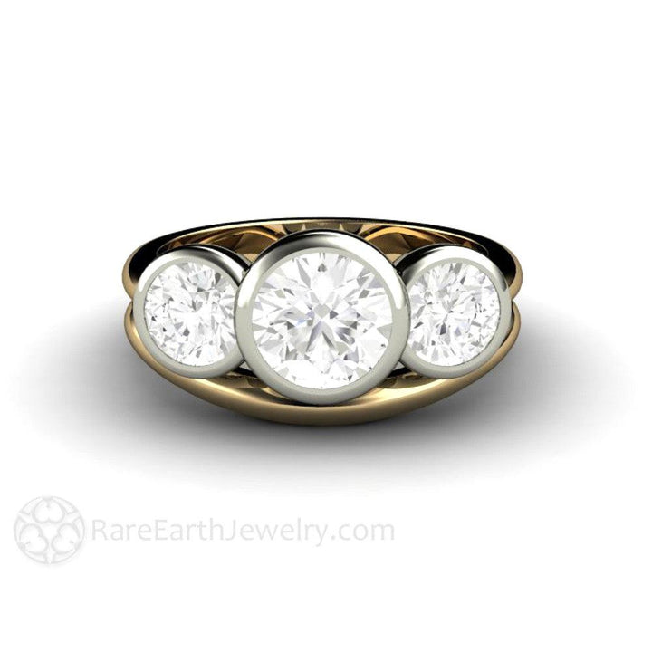 Bezel Set Three Stone Engagement Ring with Forever One Moissanite, Rare Earth Jewelry