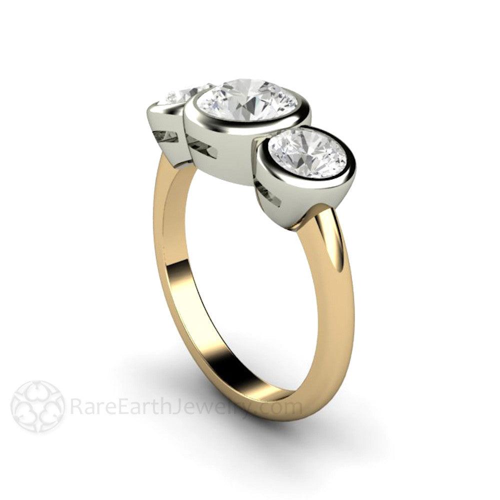Bezel Set Three Stone Engagement Ring with Forever One Moissanite, Rare Earth Jewelry