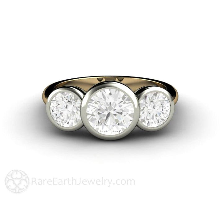 Bezel Set Three Stone Engagement Ring with Forever One Moissanite, Rare Earth Jewelry