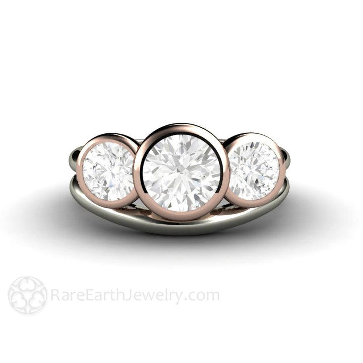 Bezel Set Three Stone Engagement Ring with Forever One Moissanite, Rare Earth Jewelry