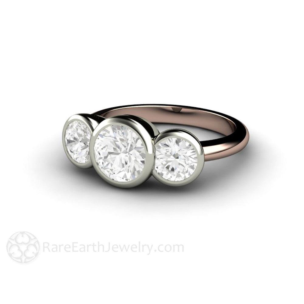 Bezel Set Three Stone Engagement Ring with Forever One Moissanite, Rare Earth Jewelry