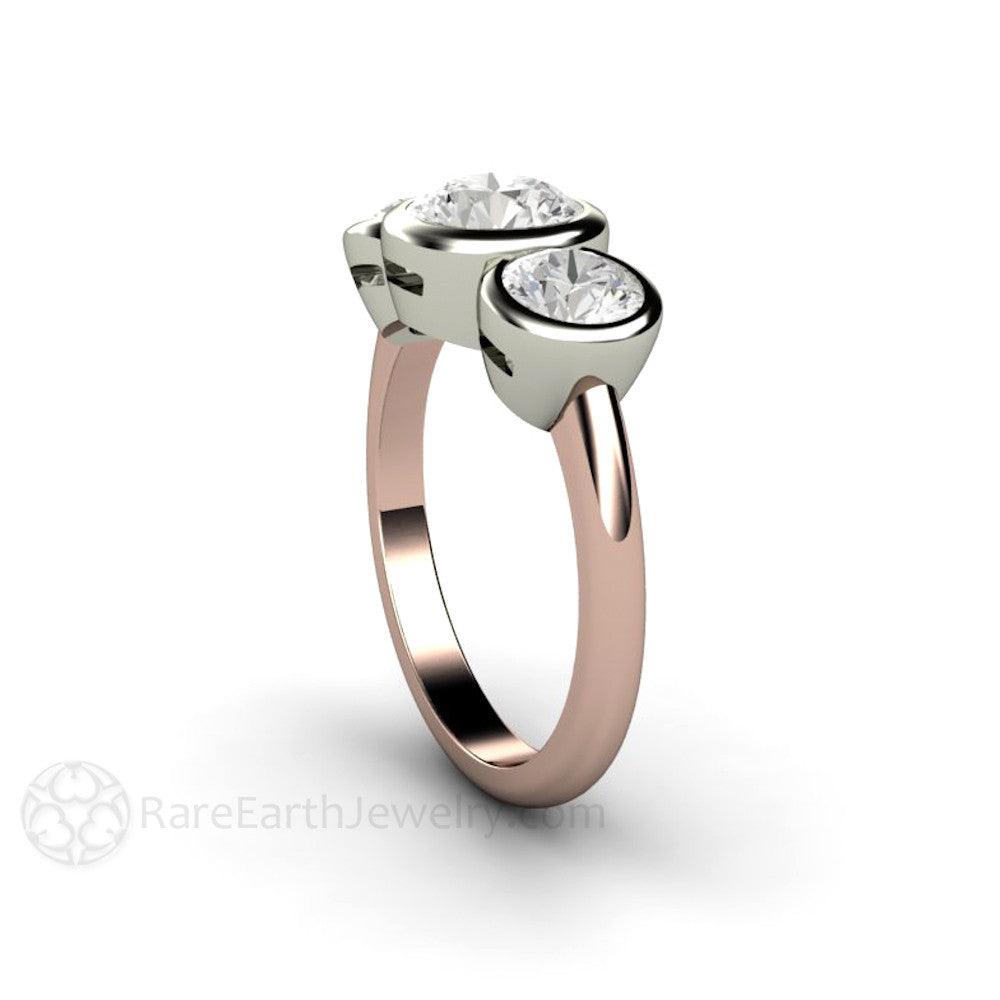 Bezel Set Three Stone Engagement Ring with Forever One Moissanite, Rare Earth Jewelry