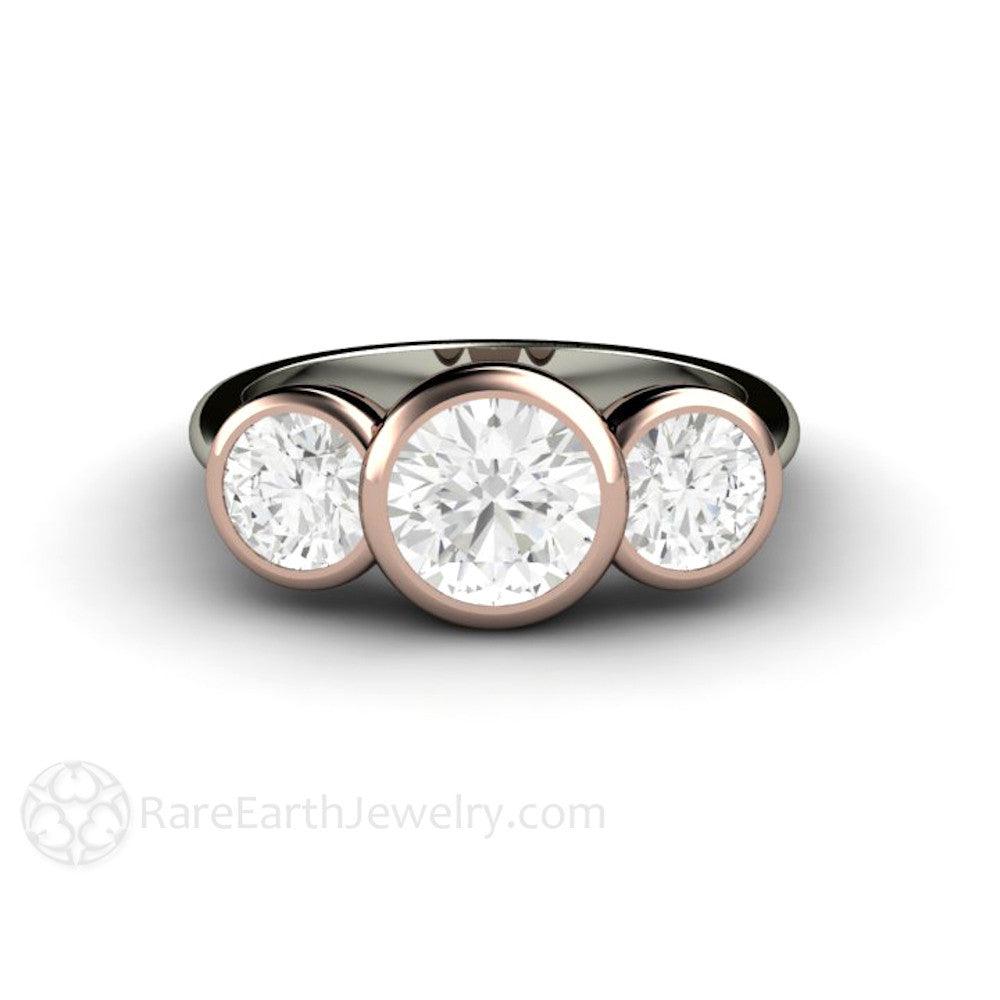 Bezel Set Three Stone Engagement Ring with Forever One Moissanite, Rare Earth Jewelry