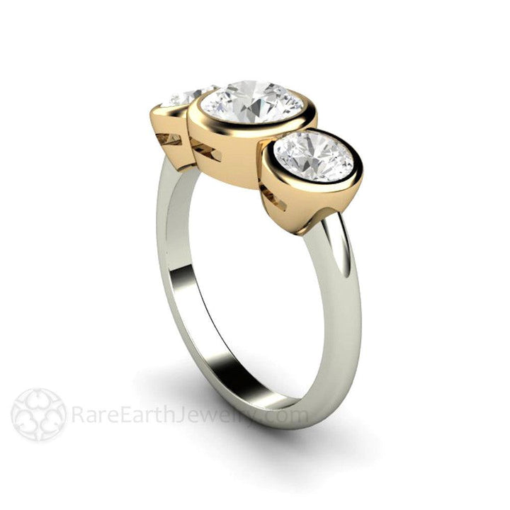 Bezel Set Three Stone Engagement Ring with Forever One Moissanite, Rare Earth Jewelry