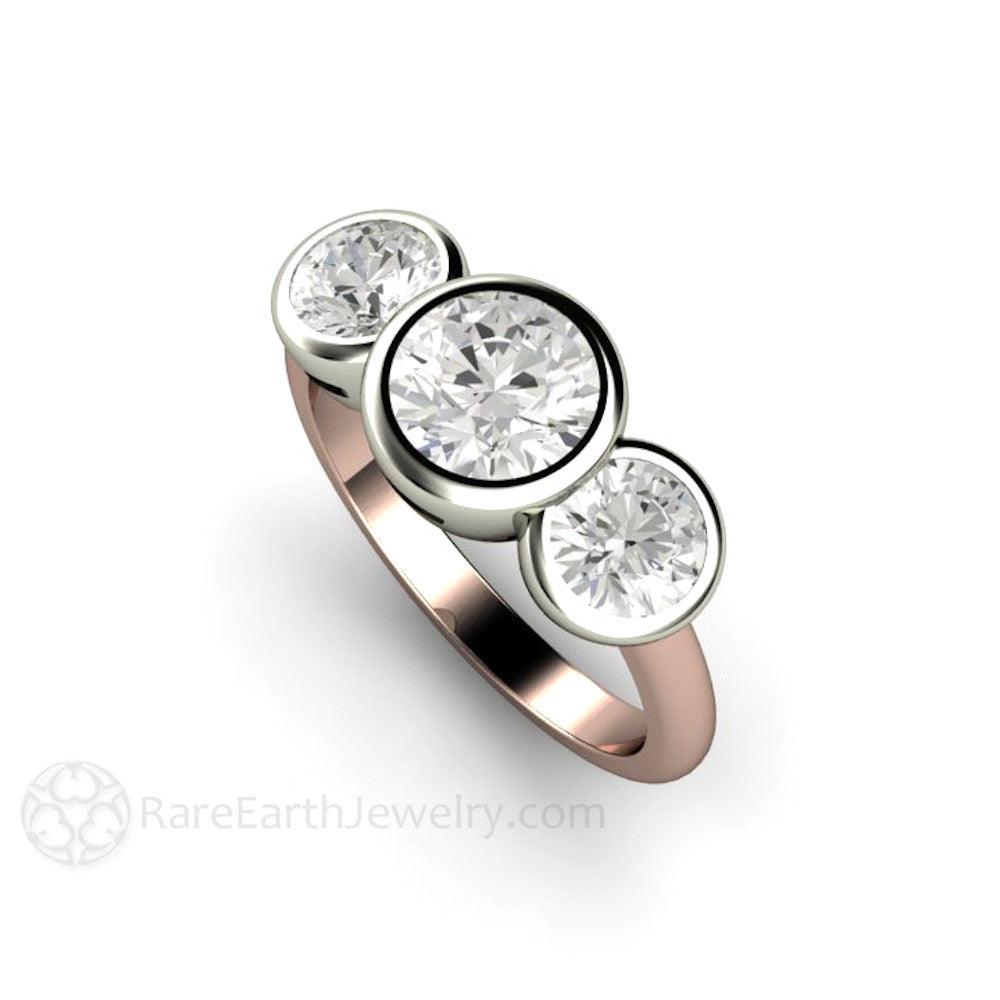 Bezel Set Three Stone Engagement Ring with Forever One Moissanite, Rare Earth Jewelry