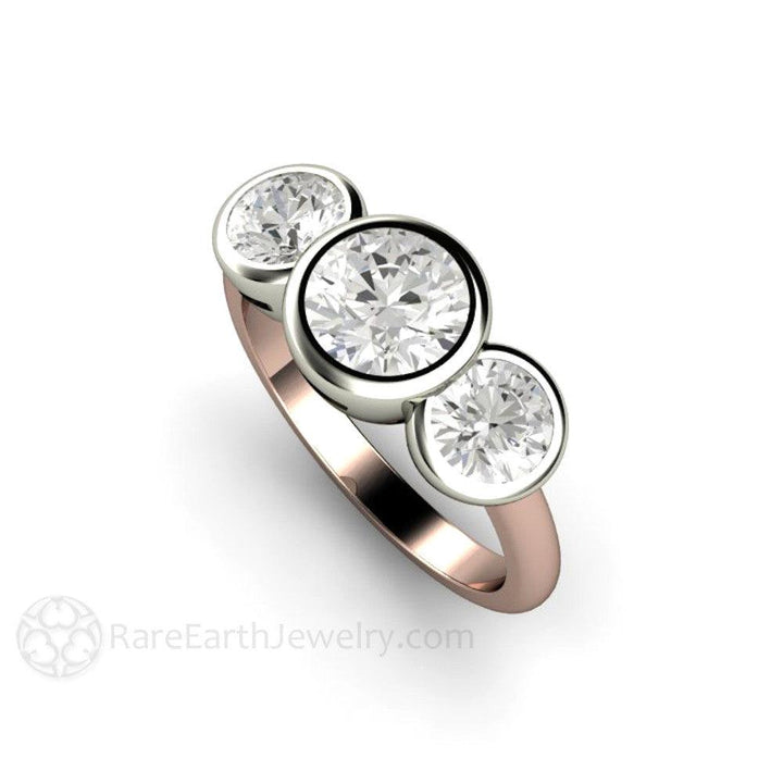 Bezel Set Three Stone Engagement Ring with Forever One Moissanite, Rare Earth Jewelry