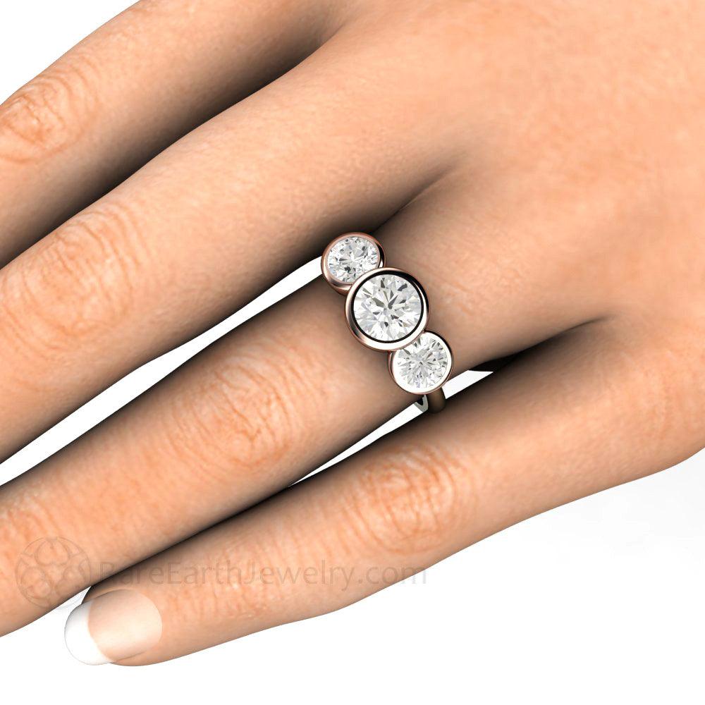 Bezel Set Three Stone Engagement Ring with Forever One Moissanite, Rare Earth Jewelry